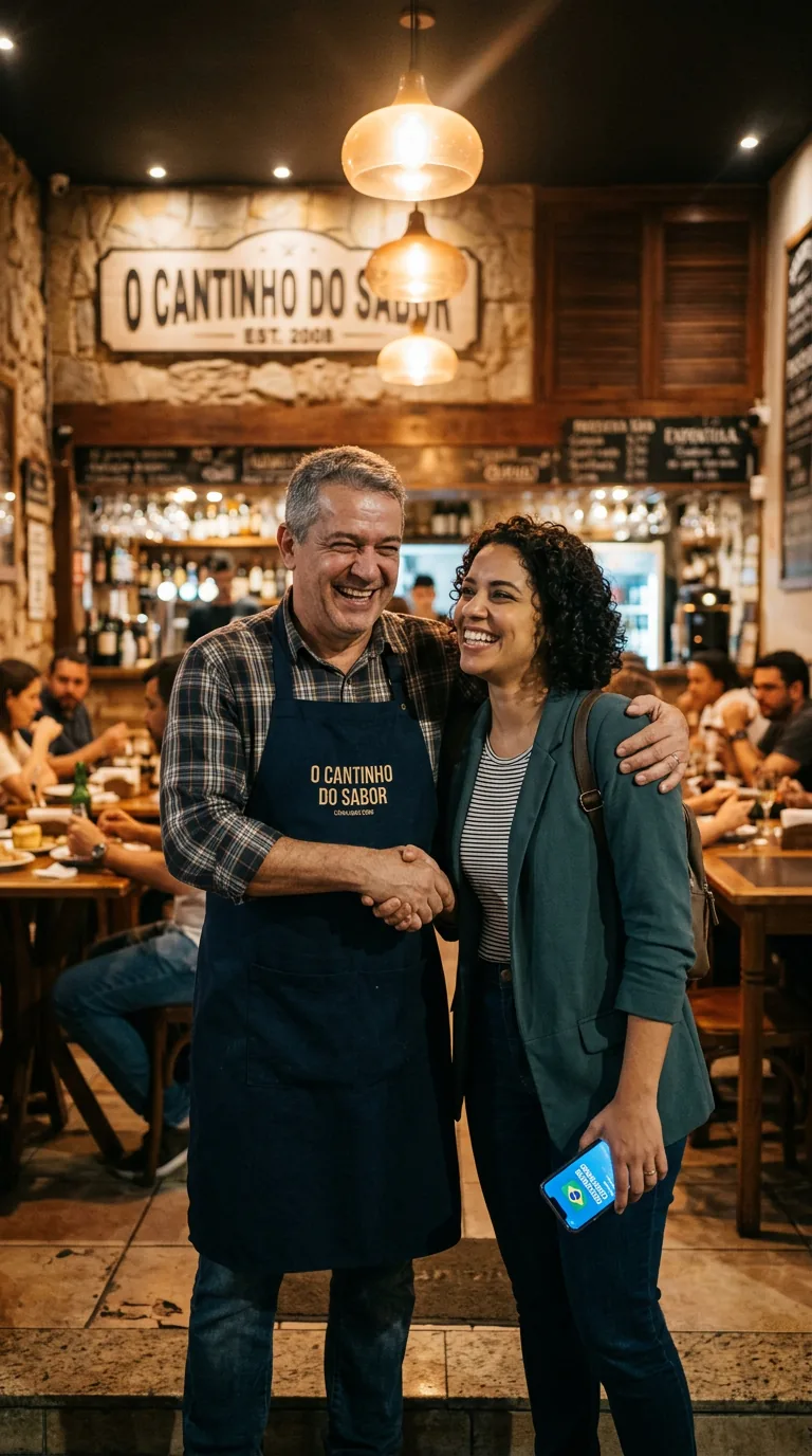 Dono de restaurante cumprimentando uma cliente fiel com sorriso largo, restaurante cheio ao fundo
