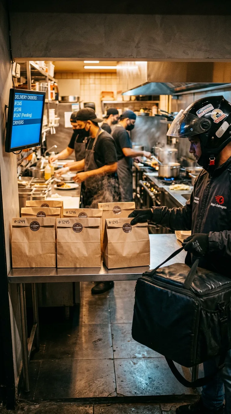 Cozinha de restaurante em ação com sacos de delivery numerados no balcão e motoboy pegando pedido, com tela digital mostrando os pedidos