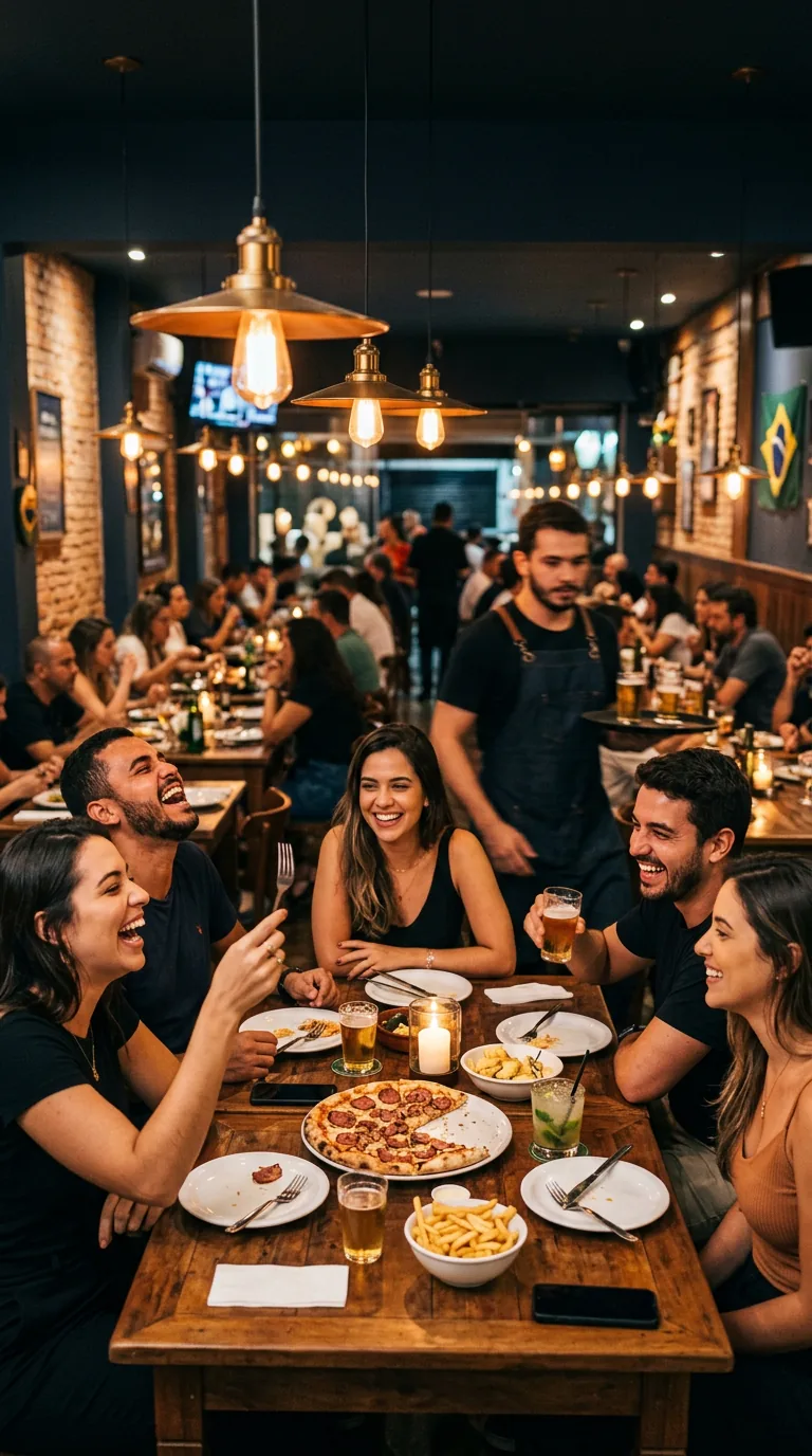 Grupo de amigos em um restaurante cheio, rindo juntos sobre uma mesa com pizza e pratos compartilhados